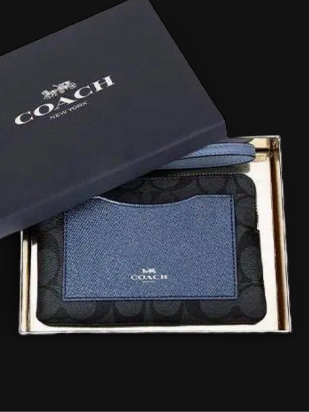 Coach Black Signature Canvas Card Holder with Blue Leather Pocket